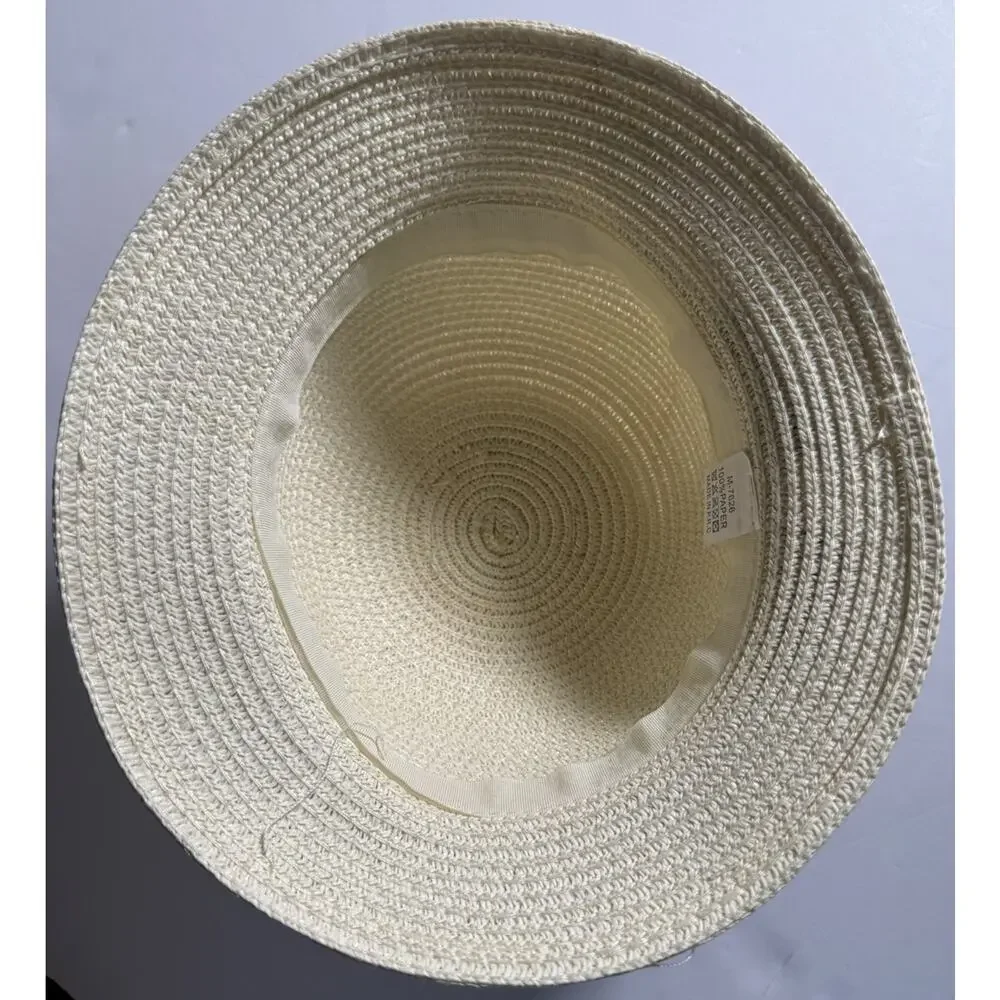 CXY Women’s Straw Sun Hat Cream Navy Striped Bow Cloche Bucket NWT
